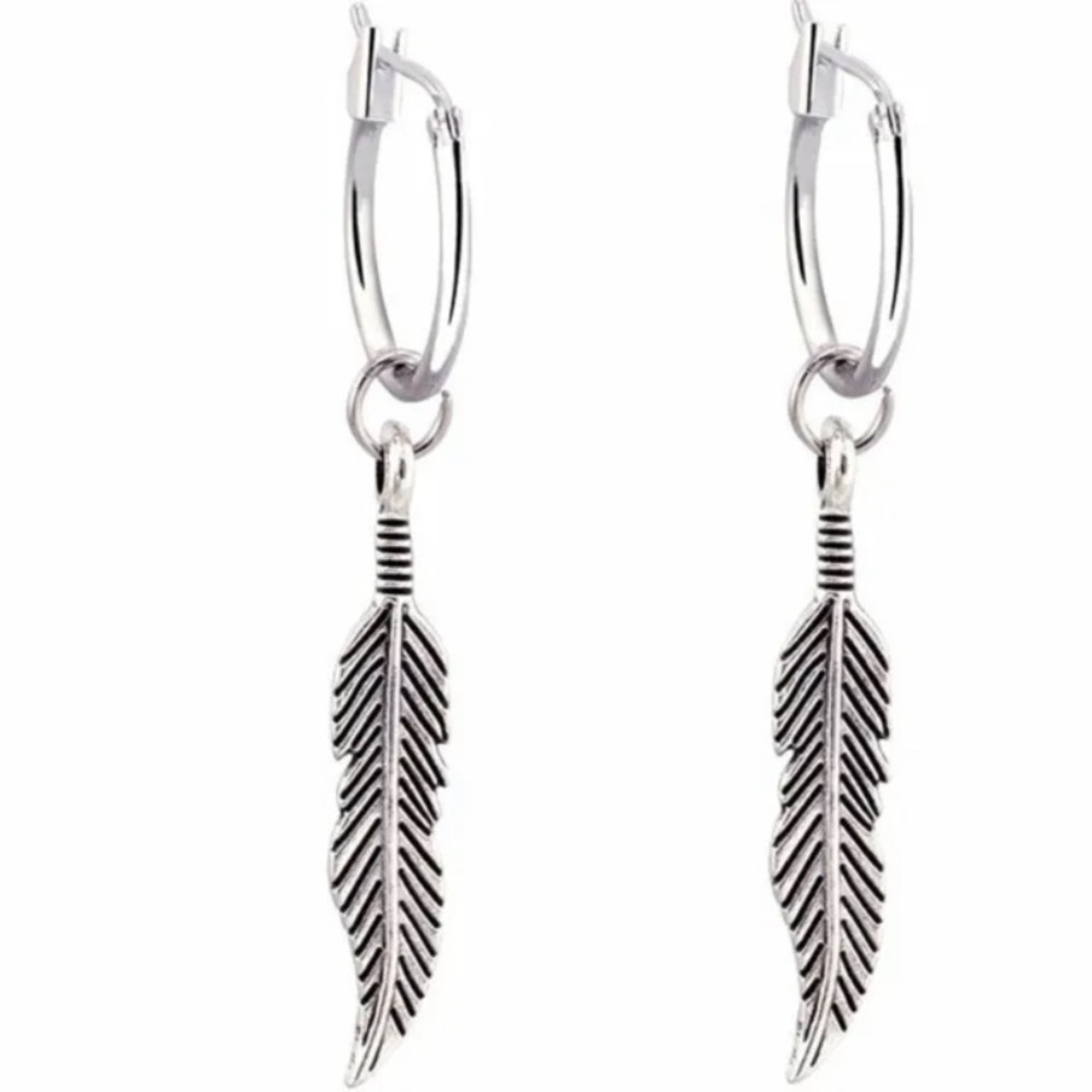 Single silver feather boho eclectic vintage earring stainless steel​​​​​​​​​